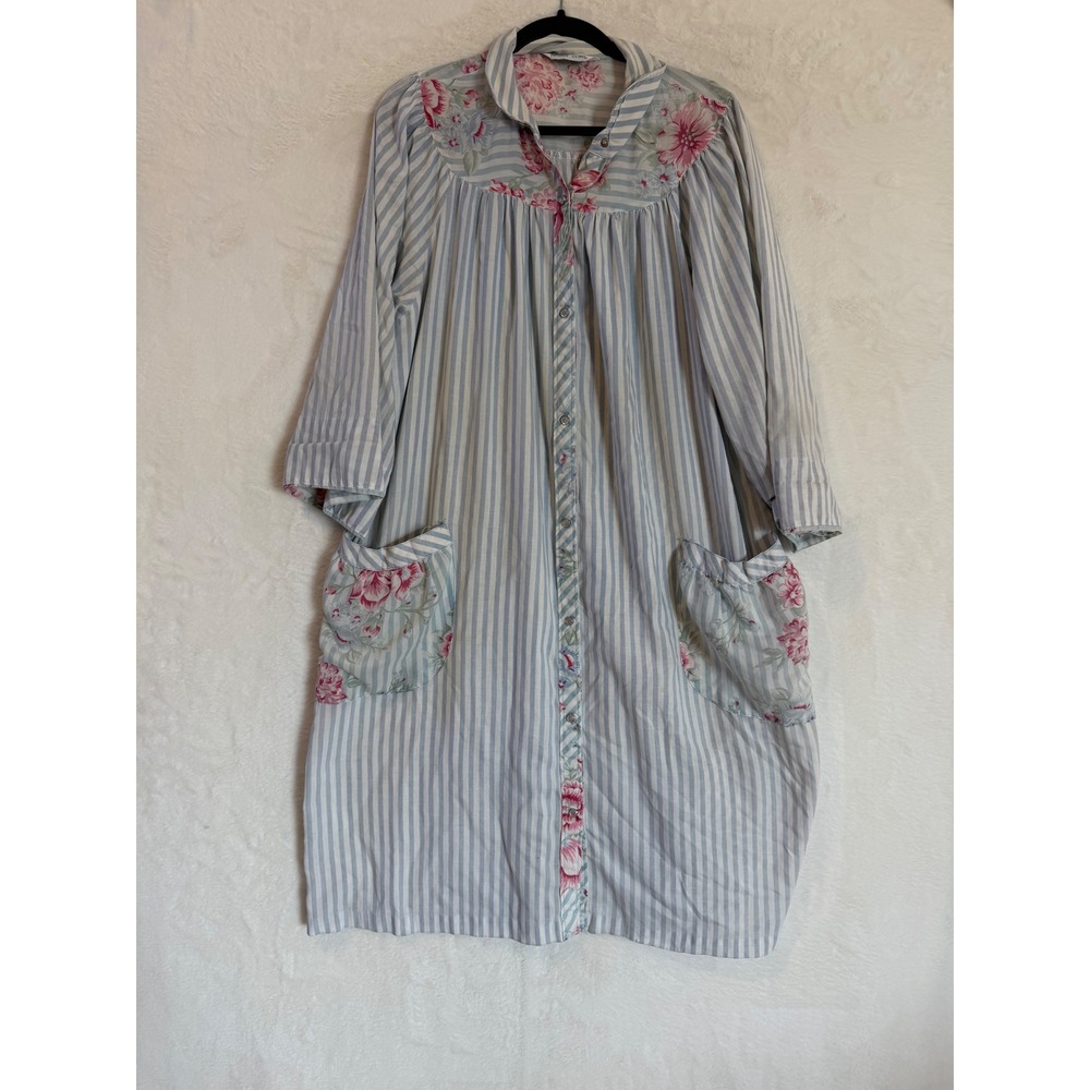 Models Coat Vintage House Dress Blue White Stripe Floral Duster Robe Pockets L